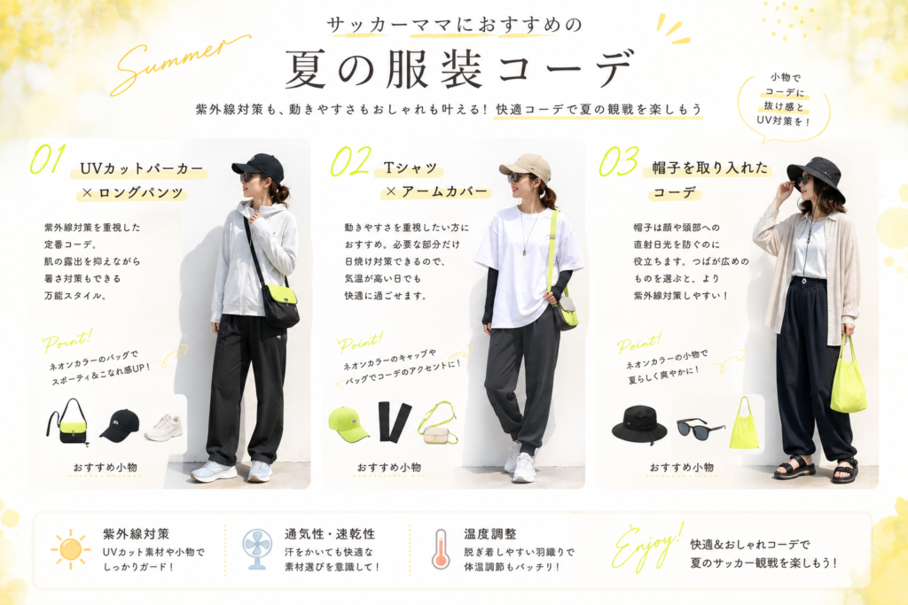 小学生サッカーを応援する夏のママの服装